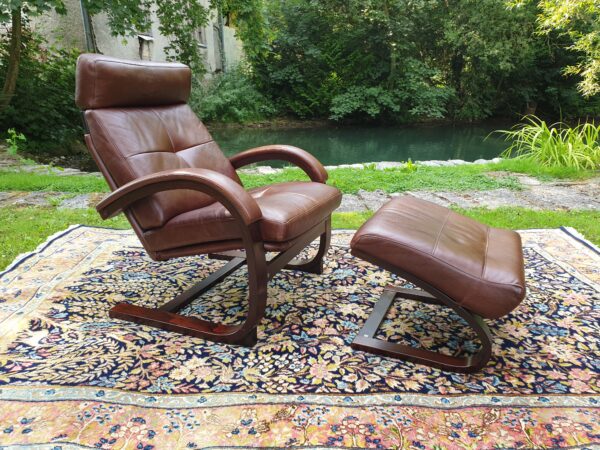 Fauteuil + ottoman cuir Nelo Sweden années 70