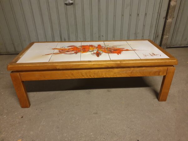 Table basse vintage orme et céramique 70's